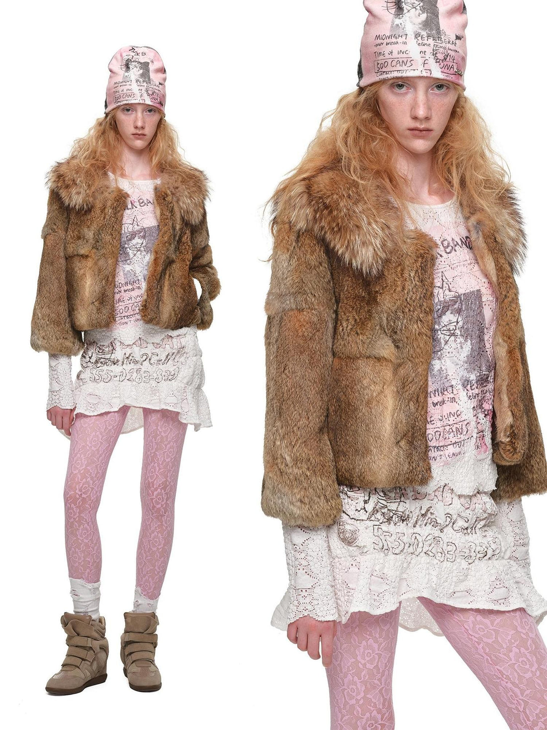 1JINN STUDIO Fluffy Faux Fur Lapel Collar Short Loose Fit Long Sleeve Women&