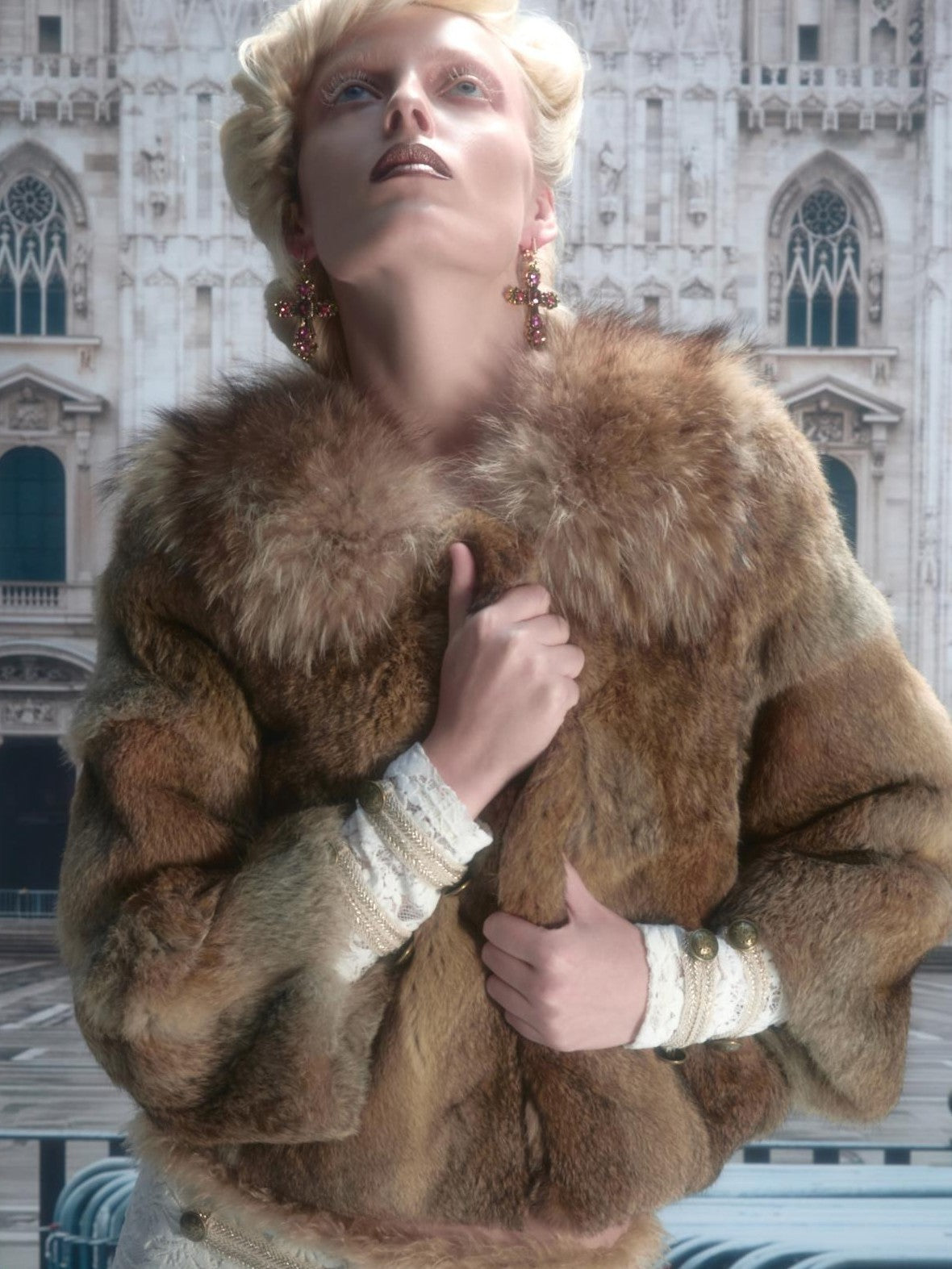1JINN STUDIO Fluffy Faux Fur Lapel Collar Short Loose Fit Long Sleeve Women&