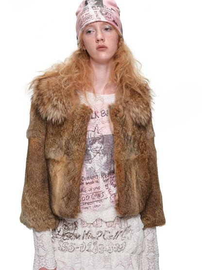 1JINN STUDIO Fluffy Faux Fur Lapel Collar Short Loose Fit Long Sleeve Women&