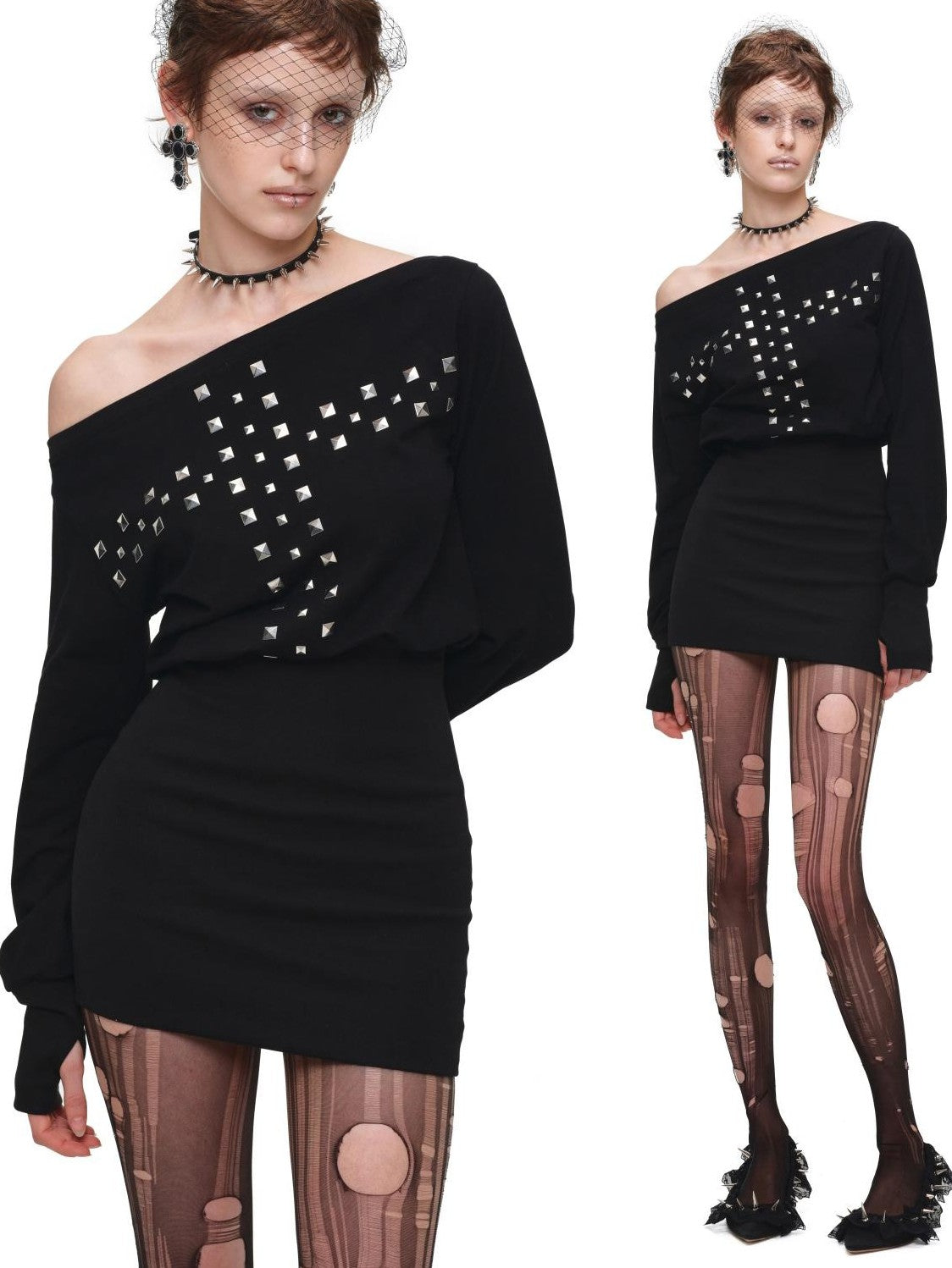 1JINN STUDIO Handmade Cross Studded One Shoulder Women&