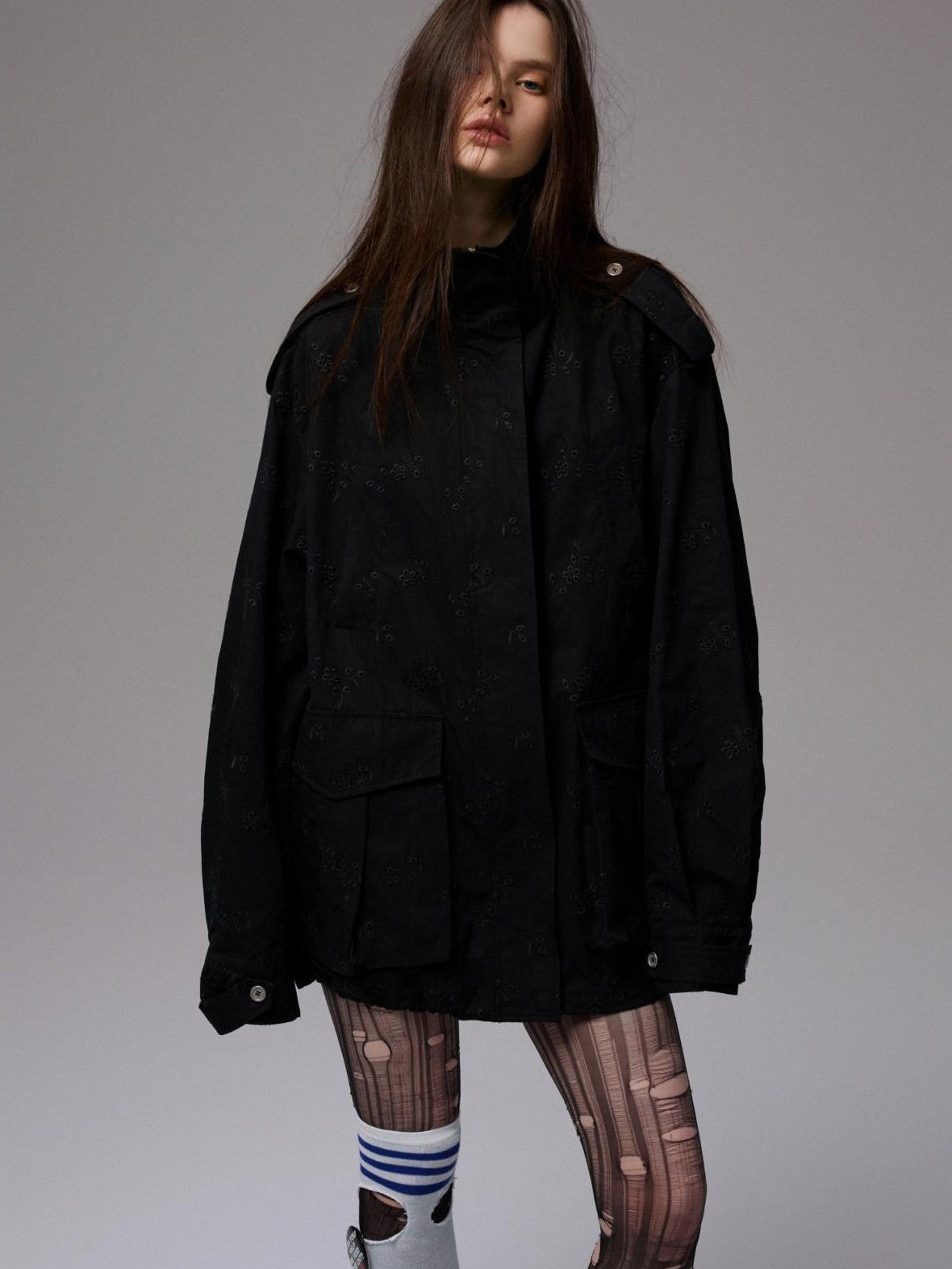 1JINN STUDIO Heavy Embroidered Jacquard Multi Pocket Stand Collar Women&