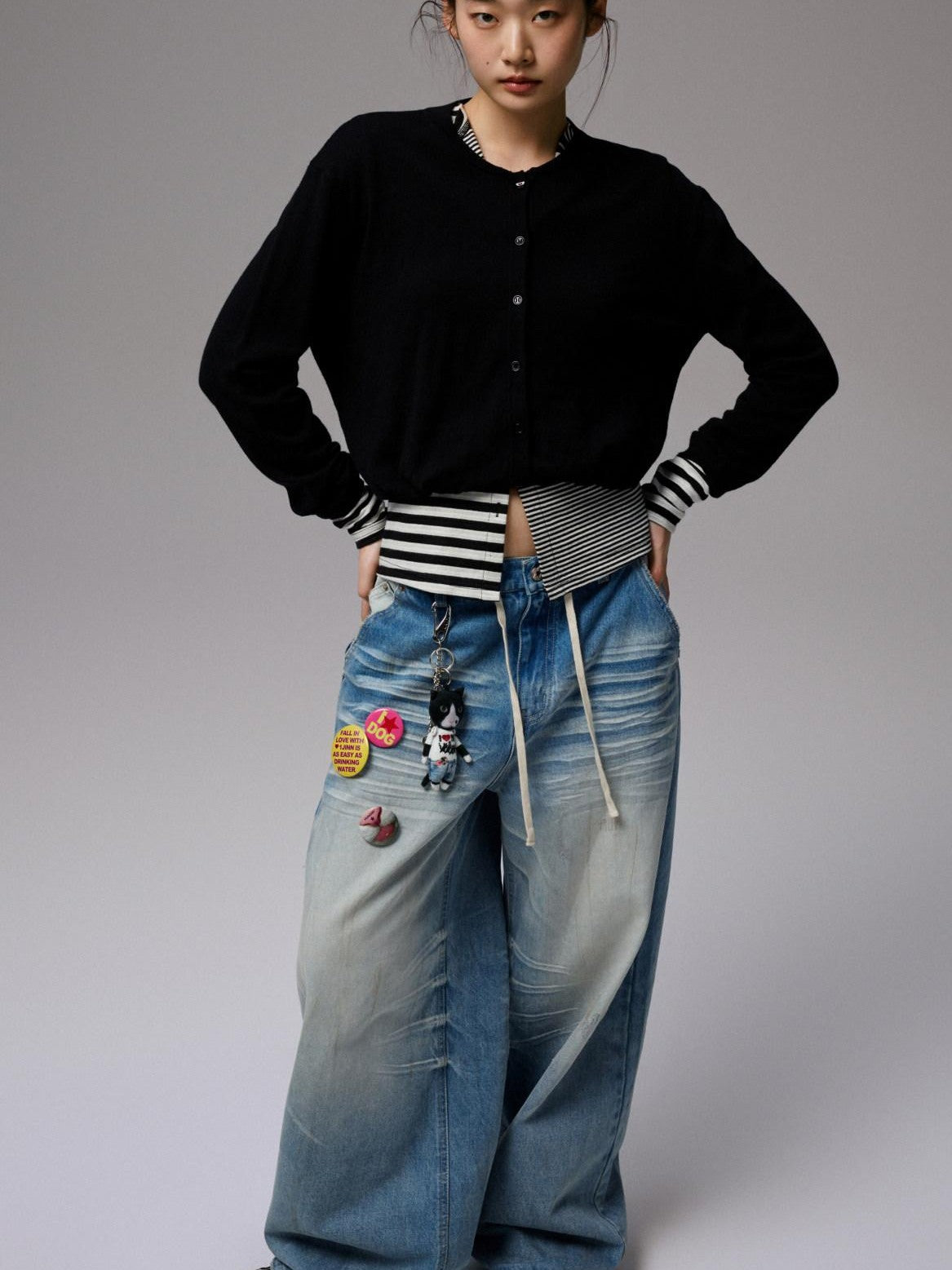 1JINN STUDIO Henley Collar Bud Sleeve Waist Cinched Women&