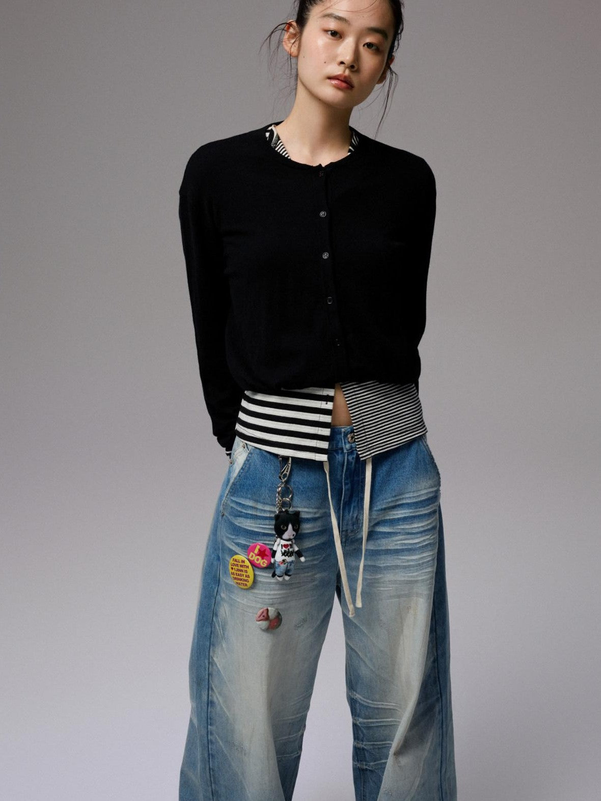 1JINN STUDIO Henley Collar Bud Sleeve Waist Cinched Women&