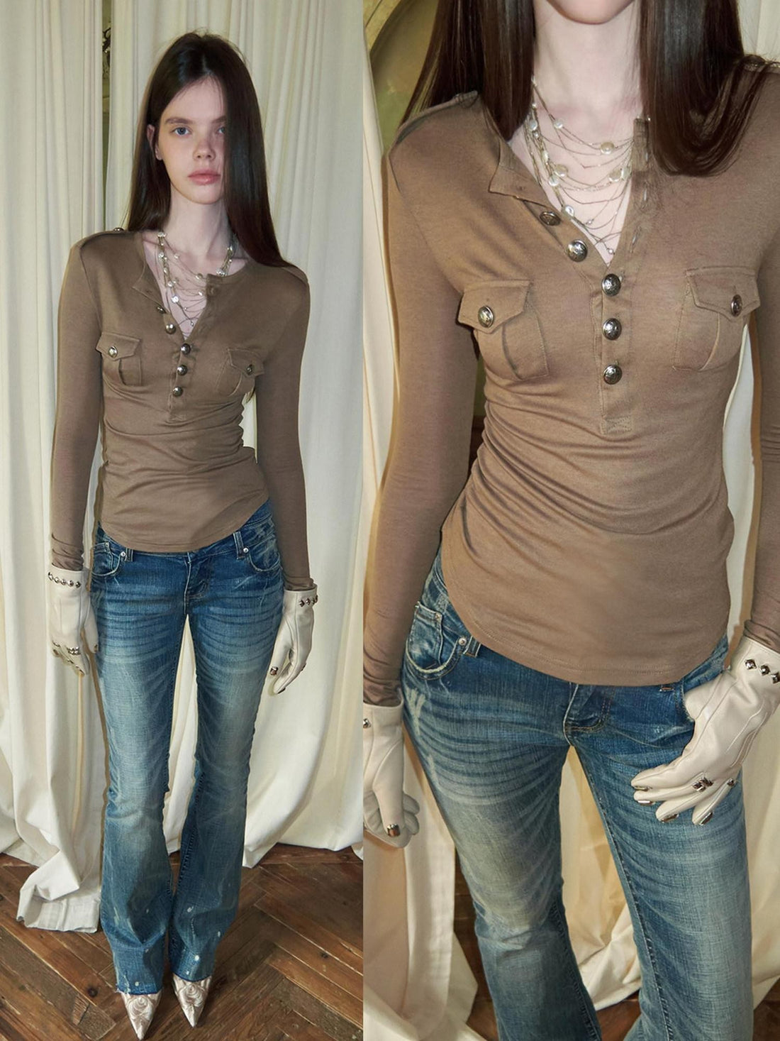 1JINN STUDIO Henley Collar Pocket Knit Women&
