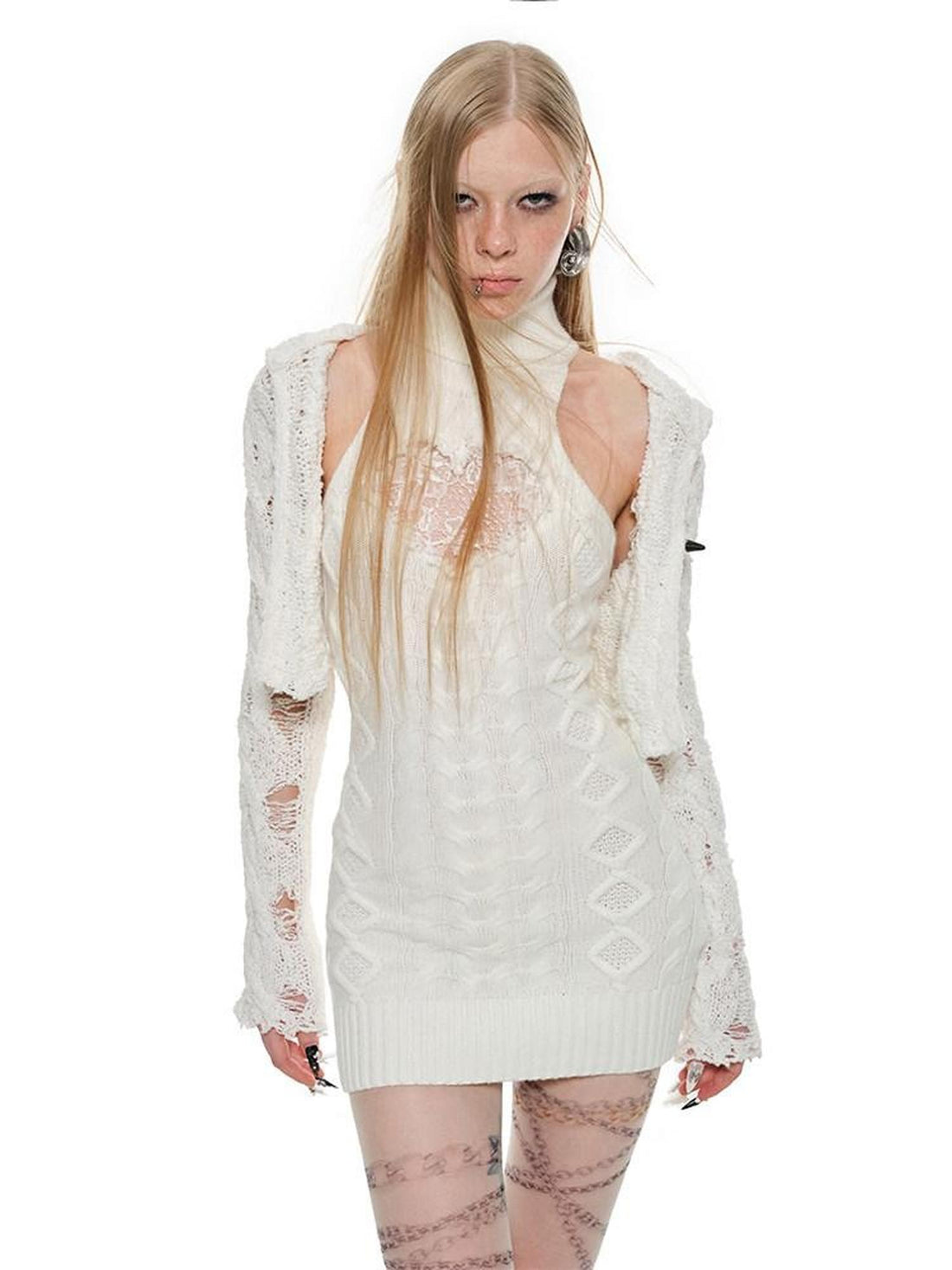 1JINN STUDIO High Neck Lace Cutout Waist Cinching Sleeveless Women&