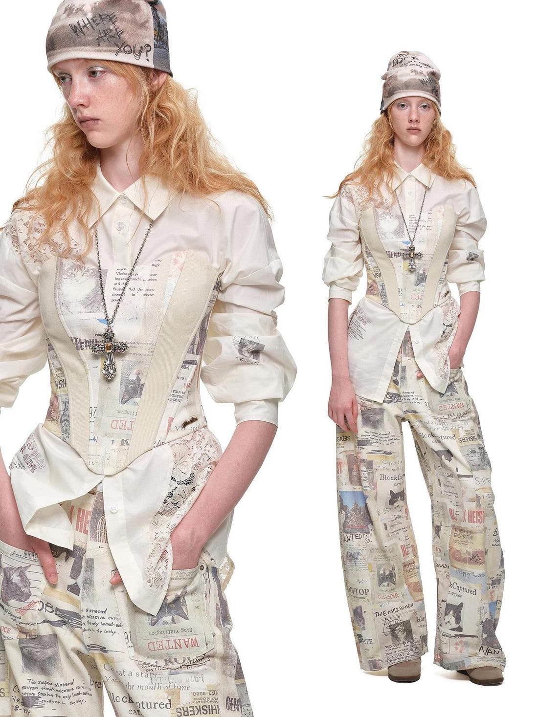 1JINN STUDIO Hollow Lace Paneled Print Women&