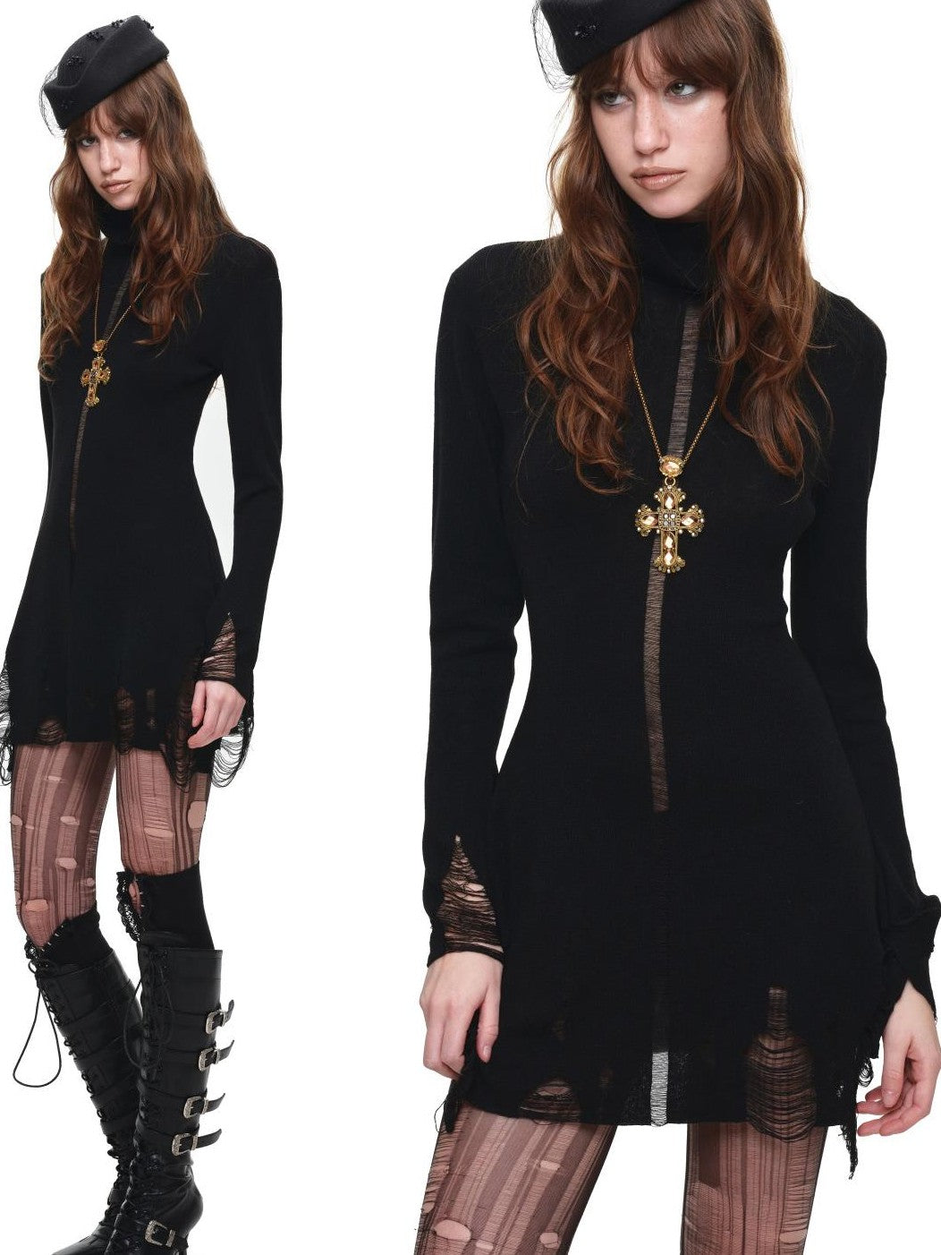 1JINN STUDIO Hollow Out High Neck Long Sleeve Women&