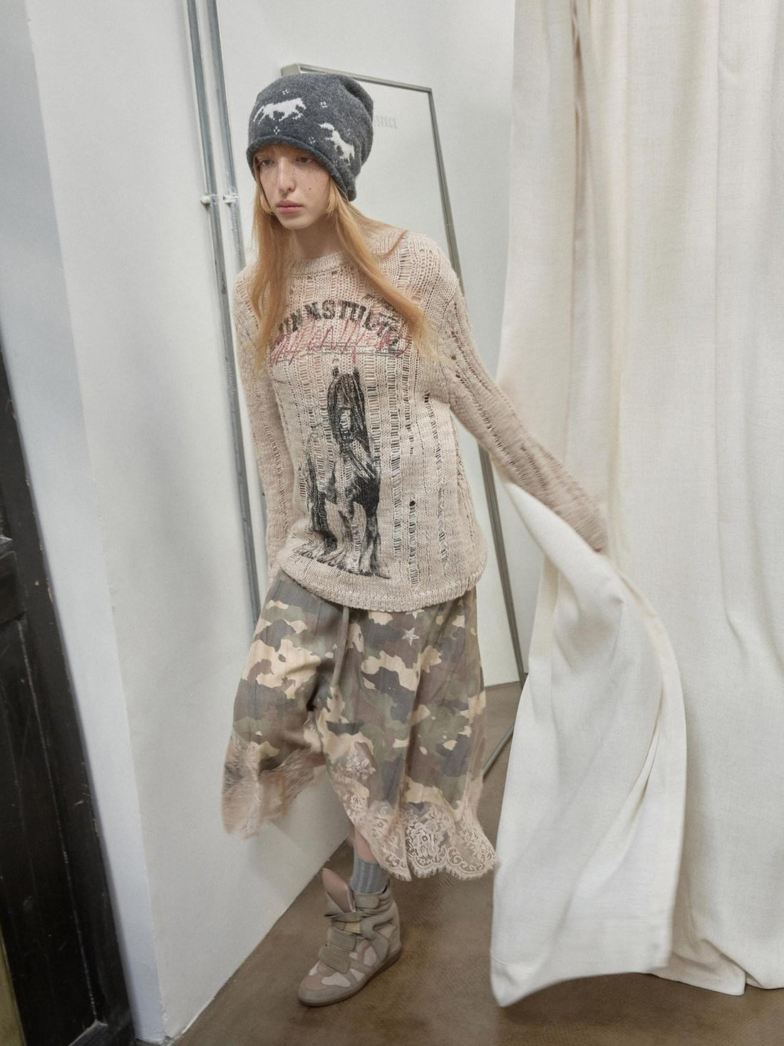 1JINN STUDIO Iceland Animal Print Openwork Ripped Women&