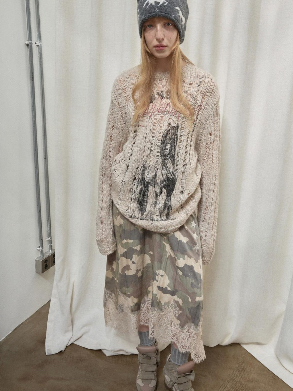 1JINN STUDIO Iceland Animal Print Openwork Ripped Women&