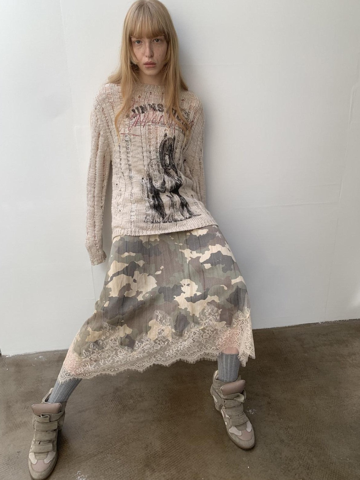 1JINN STUDIO Iceland Animal Print Openwork Ripped Women&