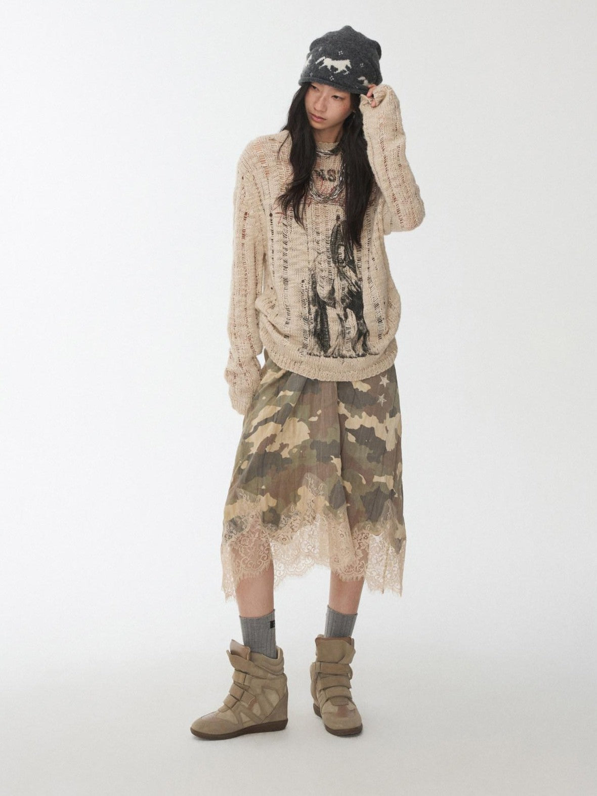 1JINN STUDIO Iceland Animal Print Openwork Ripped Women&