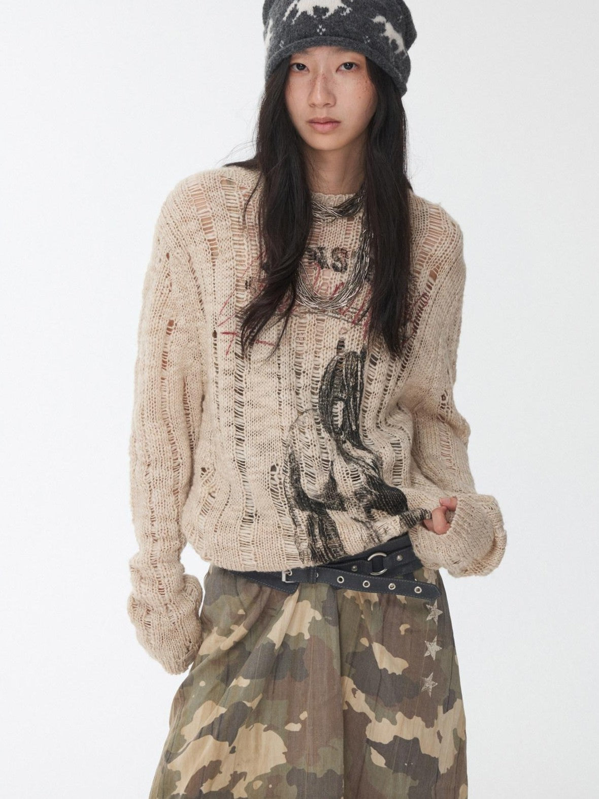 1JINN STUDIO Iceland Animal Print Openwork Ripped Women&