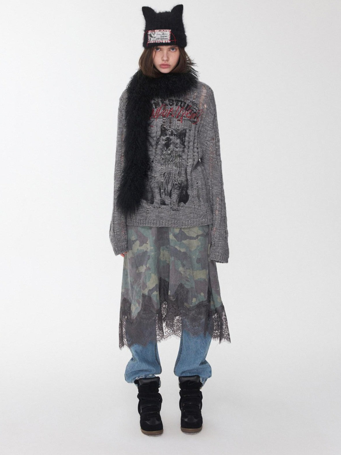 1JINN STUDIO Iceland Animal Print Openwork Ripped Women&
