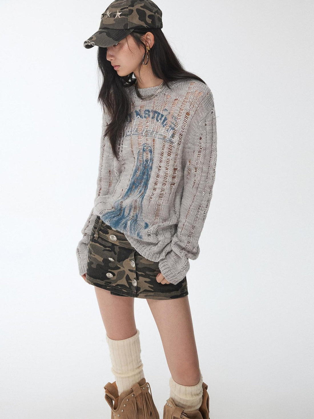 1JINN STUDIO Iceland Animal Print Openwork Ripped Women&