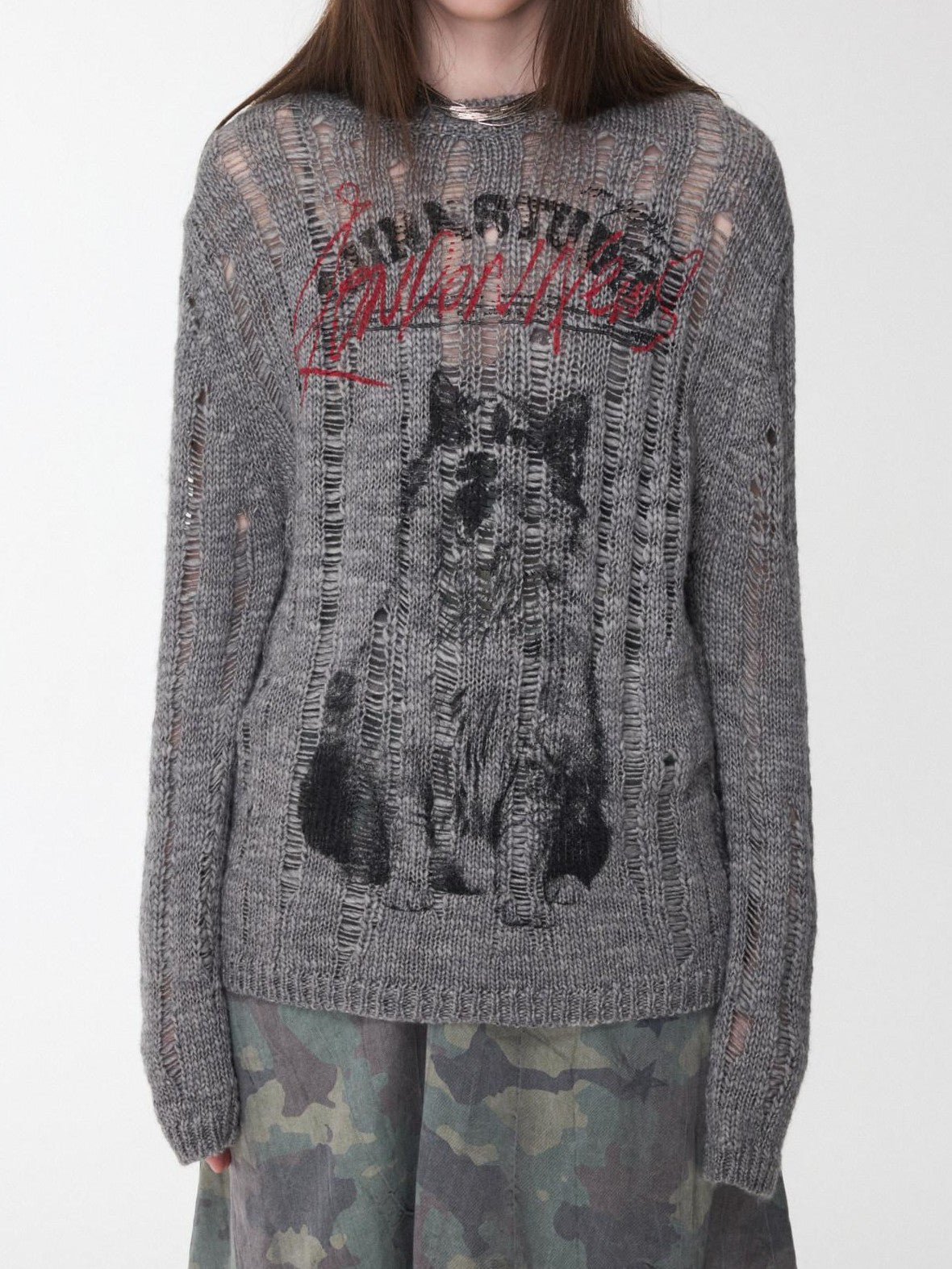 1JINN STUDIO Iceland Animal Print Openwork Ripped Women&