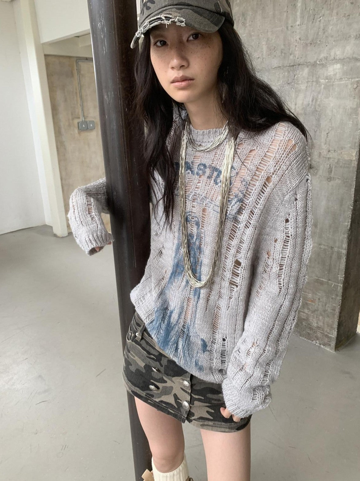 1JINN STUDIO Iceland Animal Print Openwork Ripped Women&