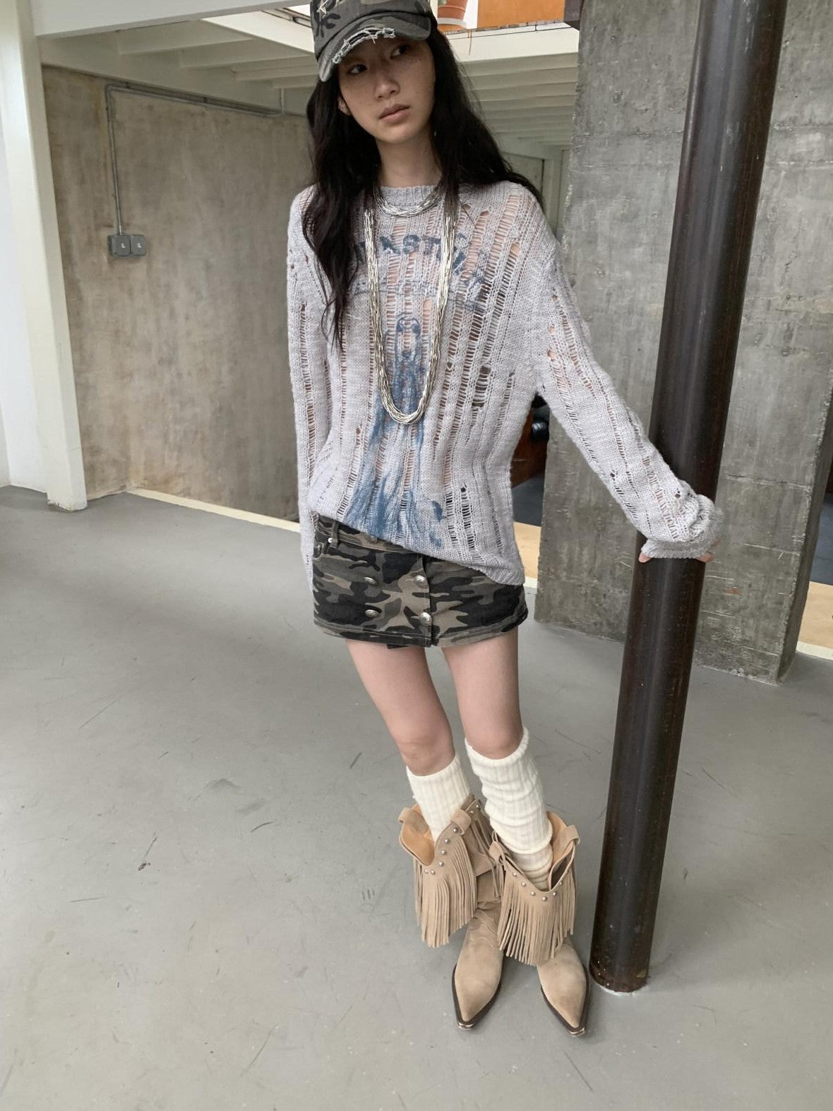 1JINN STUDIO Iceland Animal Print Openwork Ripped Women&