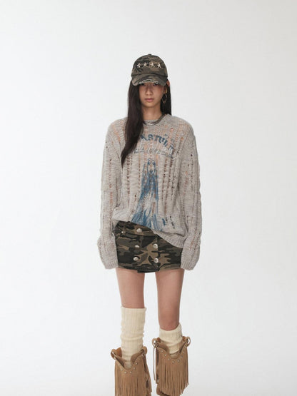 1JINN STUDIO Iceland Animal Print Openwork Ripped Women&