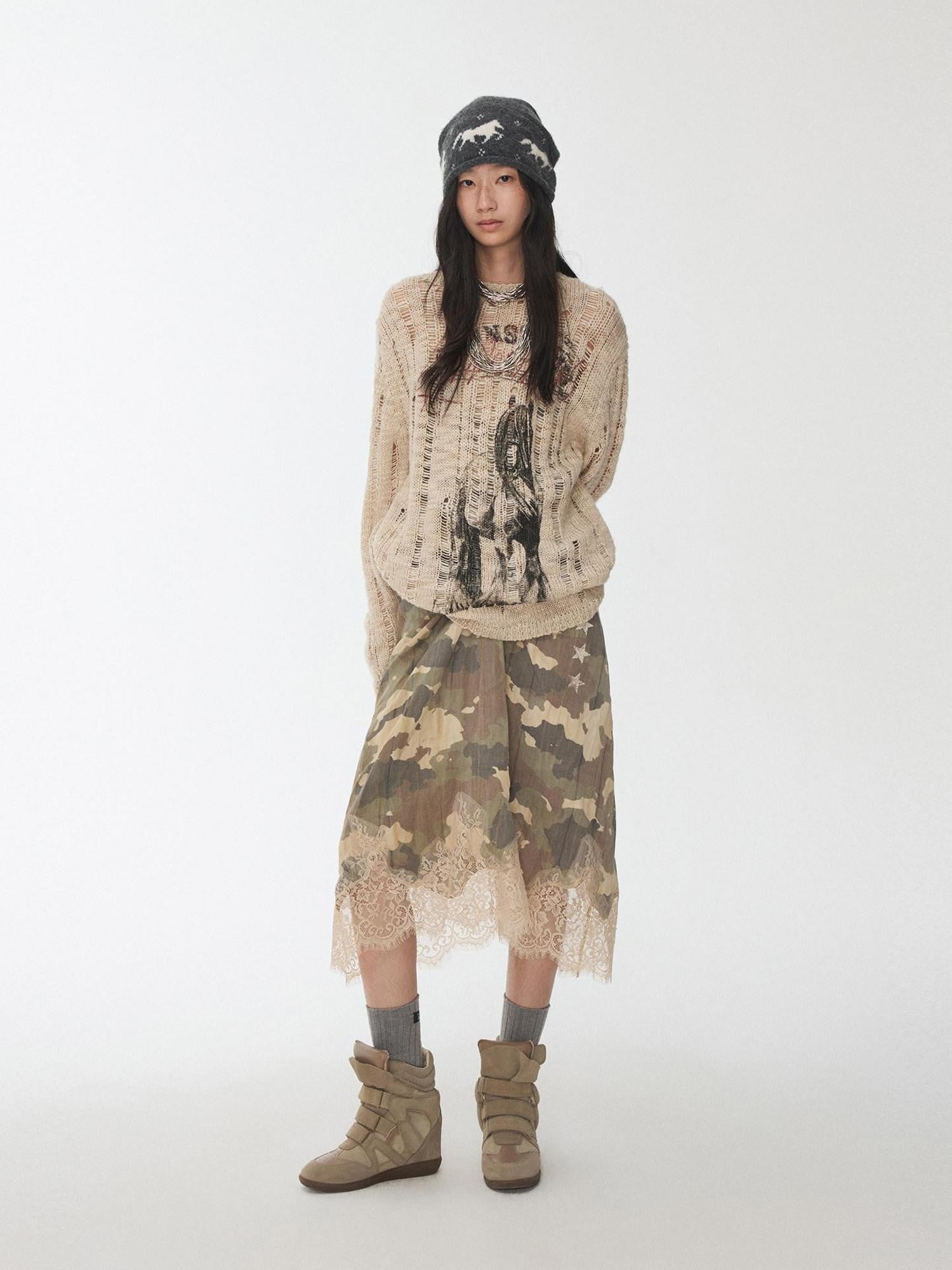 1JINN STUDIO Iceland Animal Print Openwork Ripped Women&