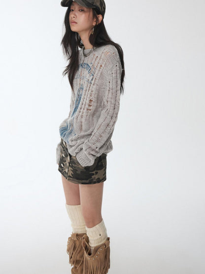 1JINN STUDIO Iceland Animal Print Openwork Ripped Women&