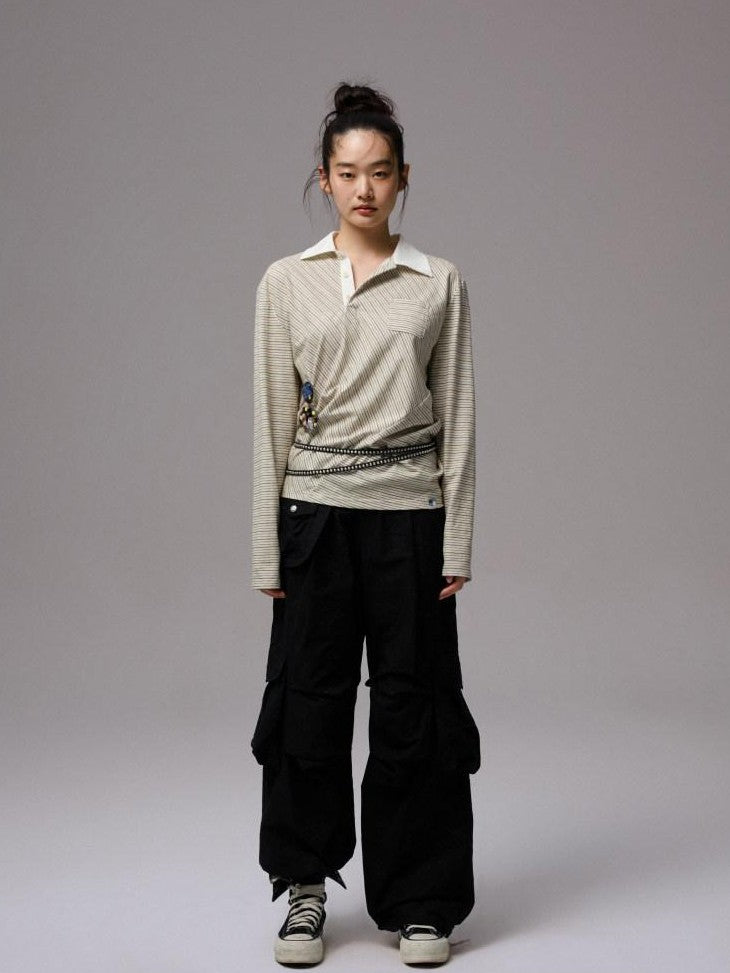 1JINN STUDIO Irregular Colorblock Stripes Henley Collar Polo Women&