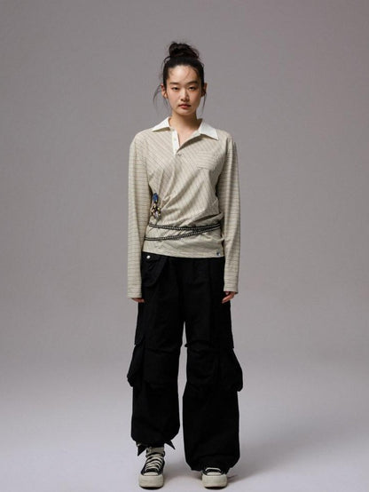 1JINN STUDIO Irregular Colorblock Stripes Henley Collar Polo Women&