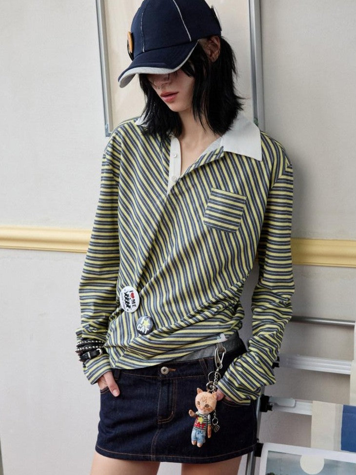 1JINN STUDIO Irregular Colorblock Stripes Henley Collar Polo Women&