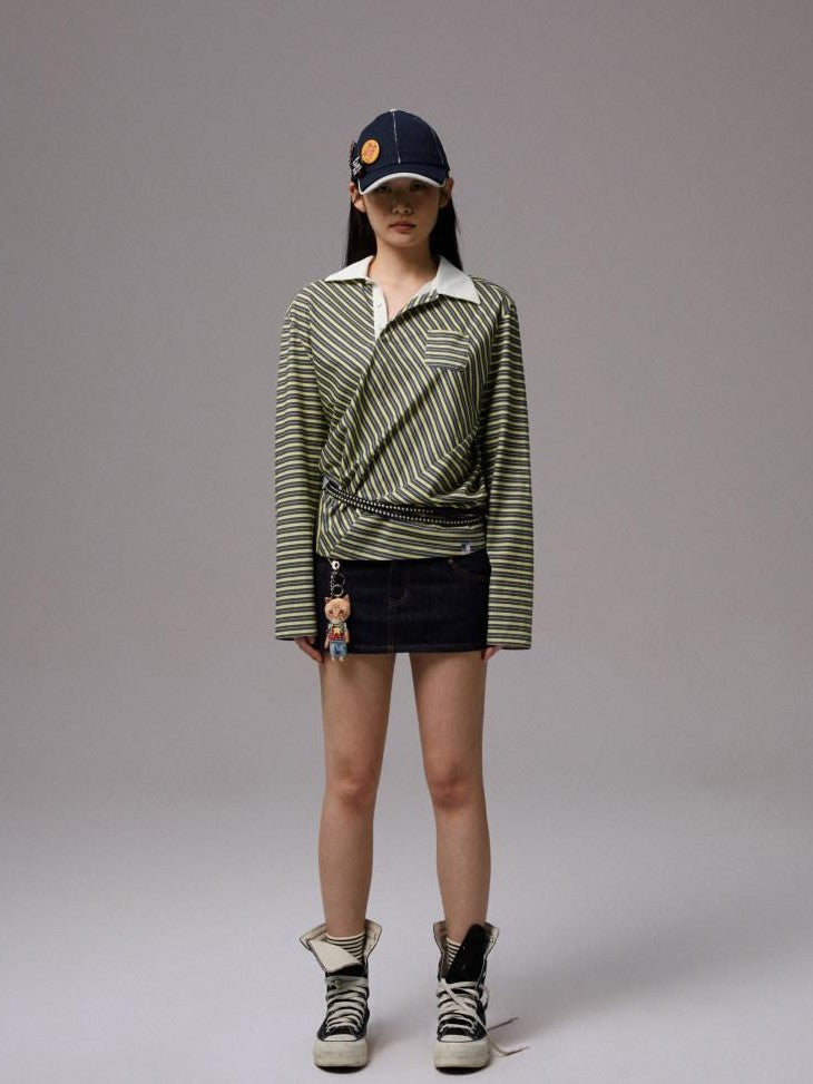 1JINN STUDIO Irregular Colorblock Stripes Henley Collar Polo Women&