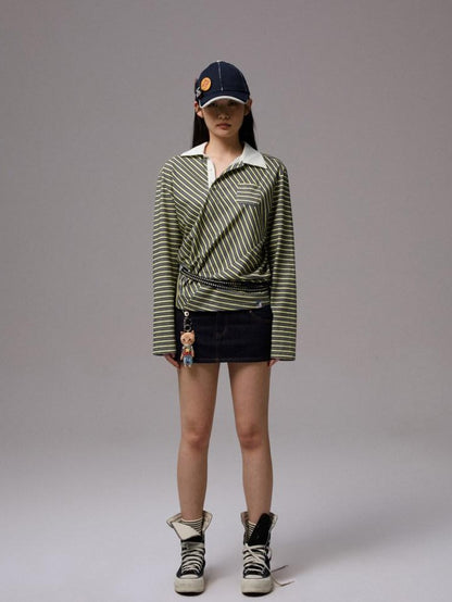 1JINN STUDIO Irregular Colorblock Stripes Henley Collar Polo Women&