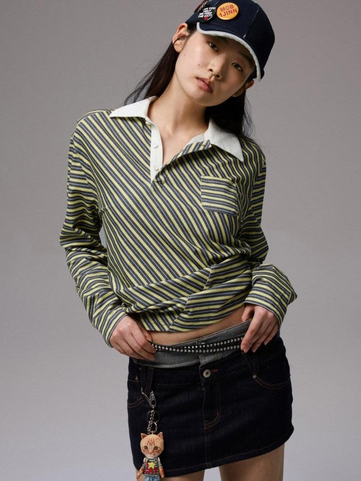 1JINN STUDIO Irregular Colorblock Stripes Henley Collar Polo Women&