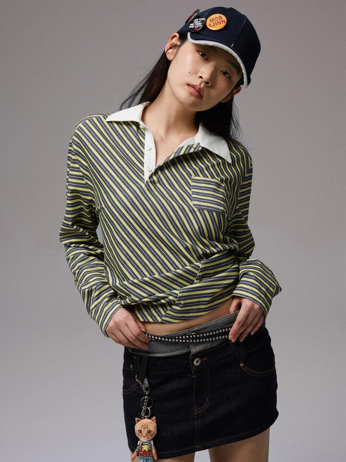 1JINN STUDIO Irregular Colorblock Stripes Henley Collar Polo Women&