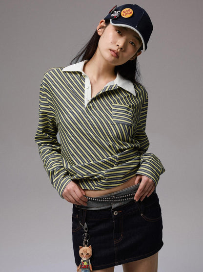 1JINN STUDIO Irregular Colorblock Stripes Henley Collar Polo Women&
