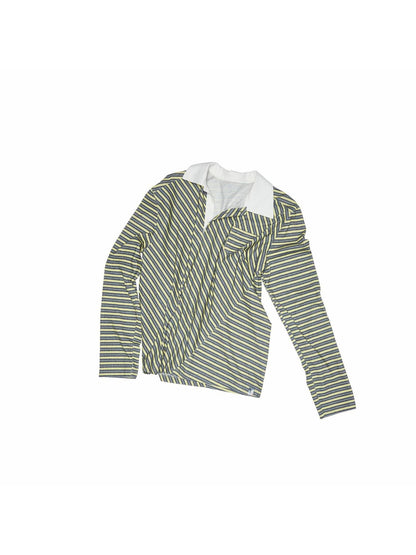 1JINN STUDIO Irregular Colorblock Stripes Henley Collar Polo Women&