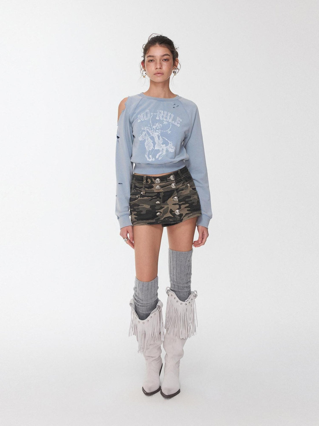 1JINN STUDIO Knight Cat Print Washed Distressed Cropped Off Shoulder Women&