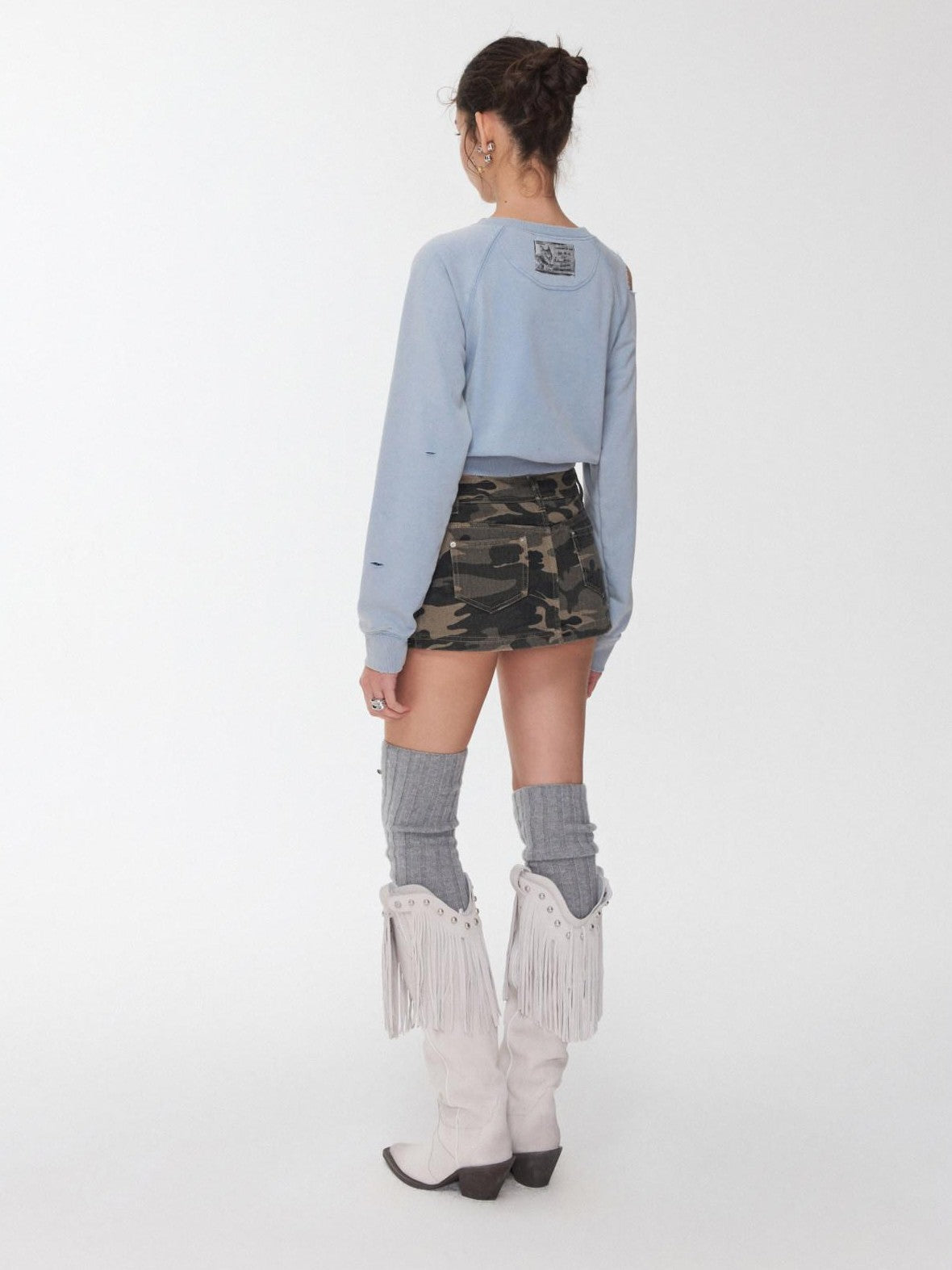 1JINN STUDIO Knight Cat Print Washed Distressed Cropped Off Shoulder Women&
