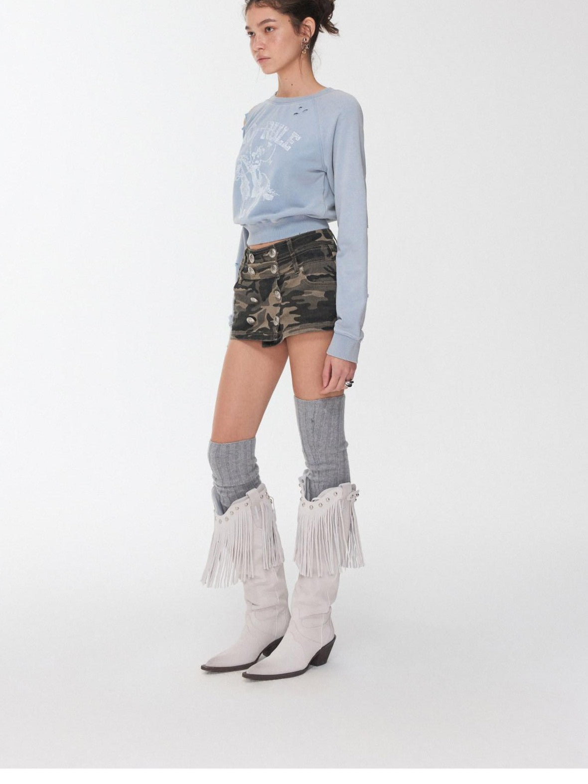 1JINN STUDIO Knight Cat Print Washed Distressed Cropped Off Shoulder Women&