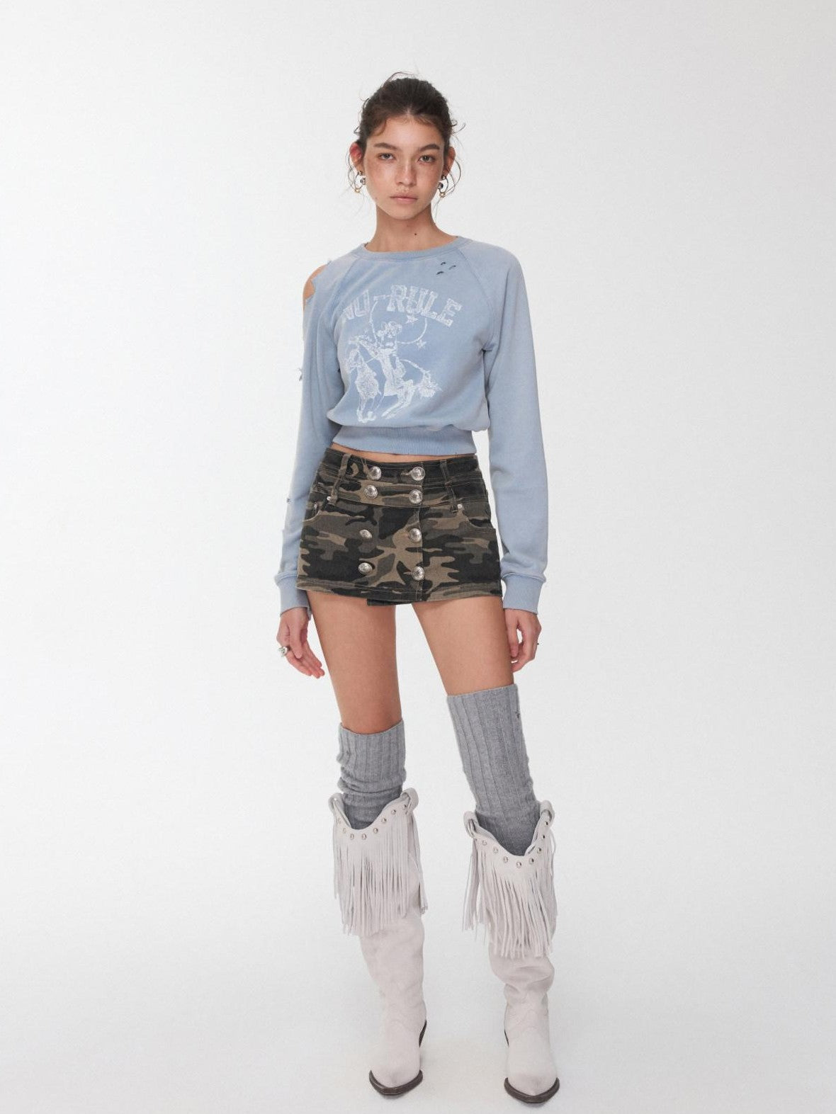 1JINN STUDIO Knight Cat Print Washed Distressed Cropped Off Shoulder Women&
