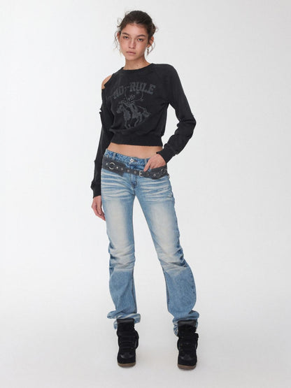 1JINN STUDIO Knight Cat Print Washed Distressed Cropped Off Shoulder Women&