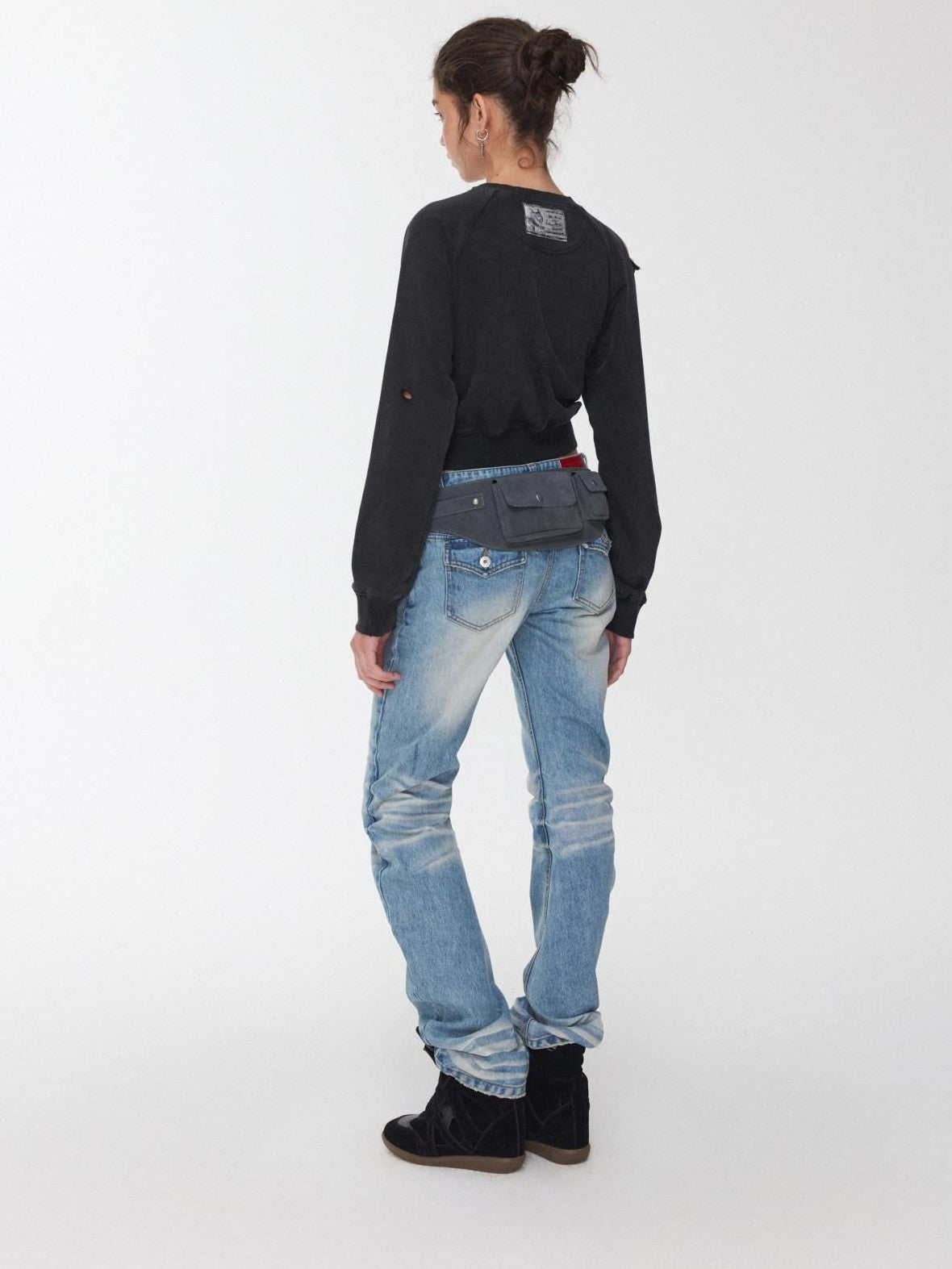 1JINN STUDIO Knight Cat Print Washed Distressed Cropped Off Shoulder Women&