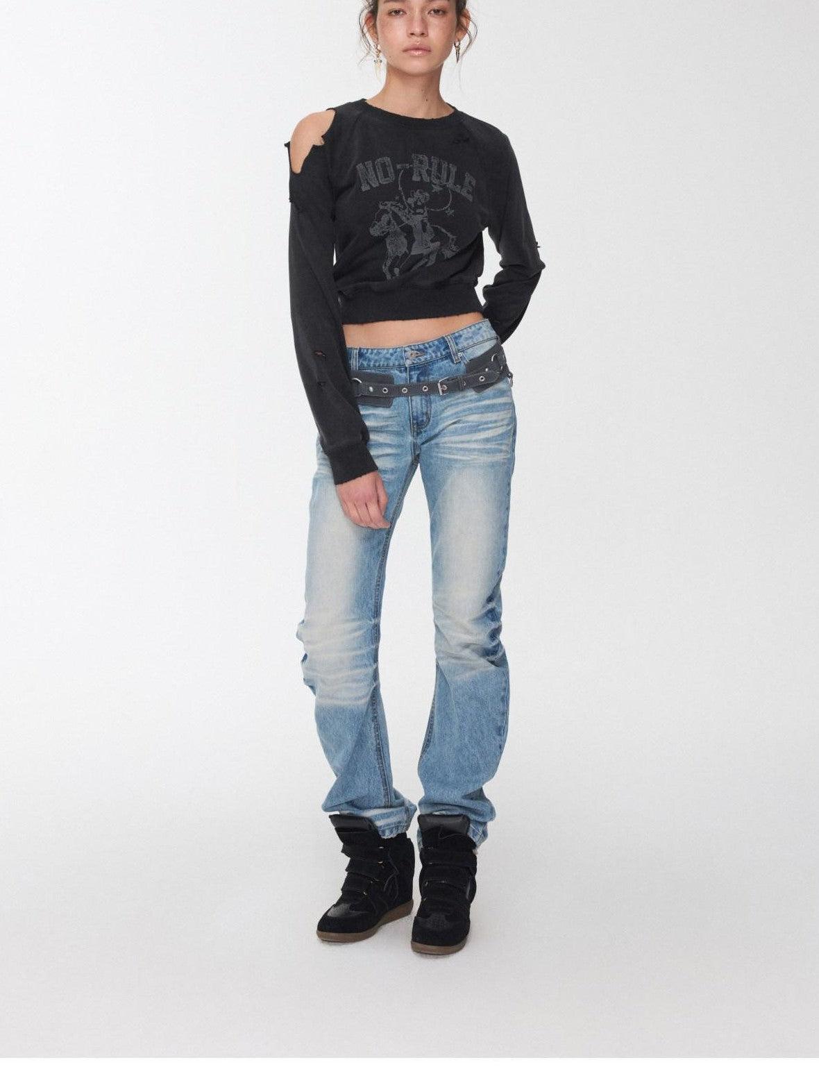 1JINN STUDIO Knight Cat Print Washed Distressed Cropped Off Shoulder Women&