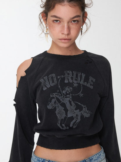 1JINN STUDIO Knight Cat Print Washed Distressed Cropped Off Shoulder Women&
