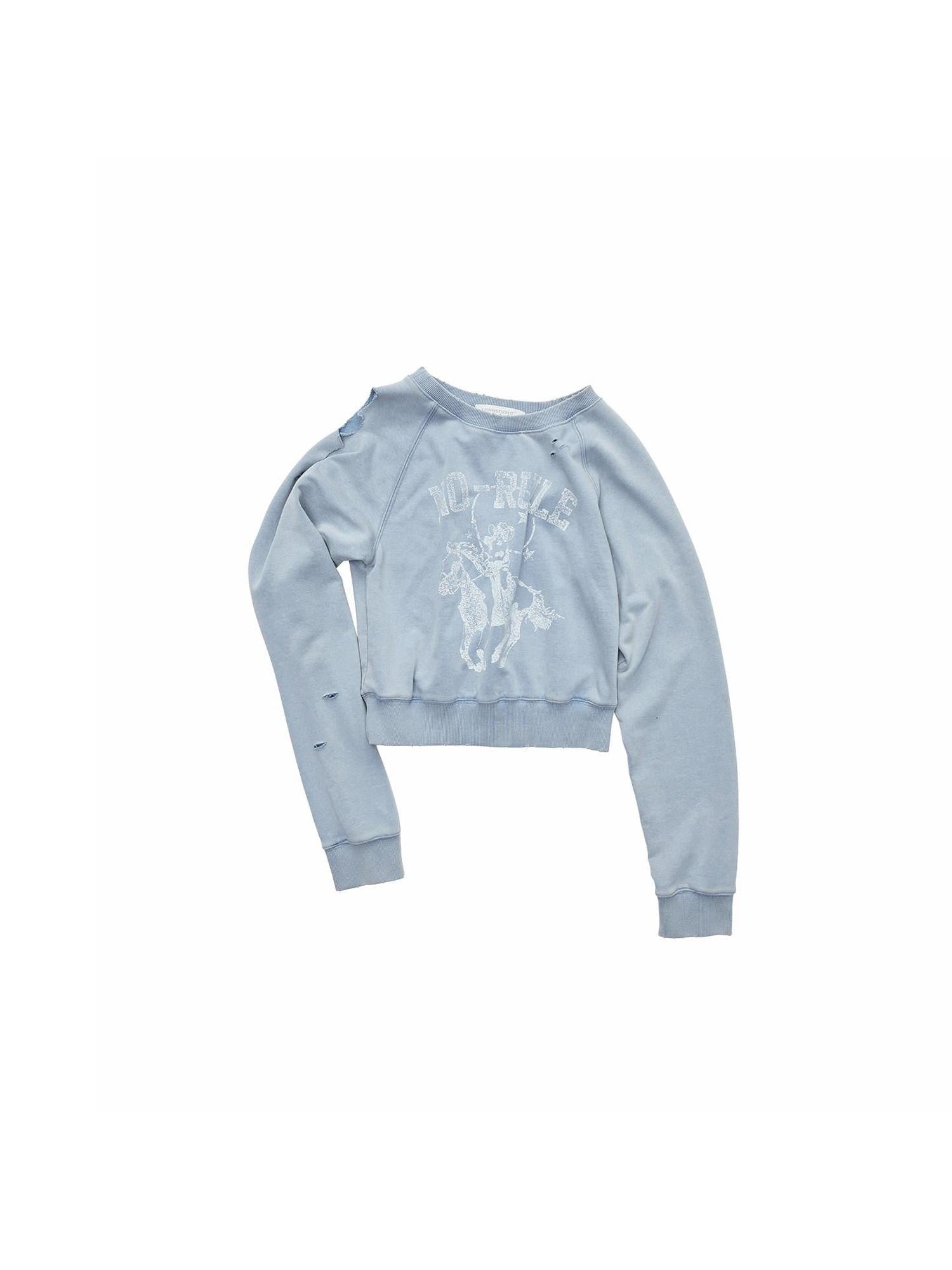 1JINN STUDIO Knight Cat Print Washed Distressed Cropped Off Shoulder Women&