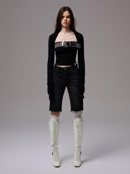 1JINN STUDIO Knit Solid Rolled Edge Straight Neck Women&