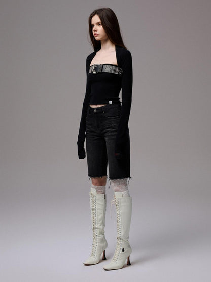 1JINN STUDIO Knit Solid Rolled Edge Straight Neck Women&