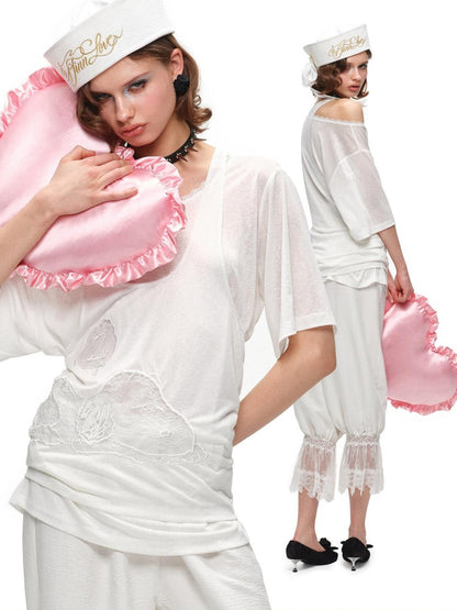 1JINN STUDIO Lace Applique Embroidery Two Piece Set Loose Women&