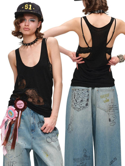 1JINN STUDIO Lace Applique Embroidery Two Piece Set Loose Women&