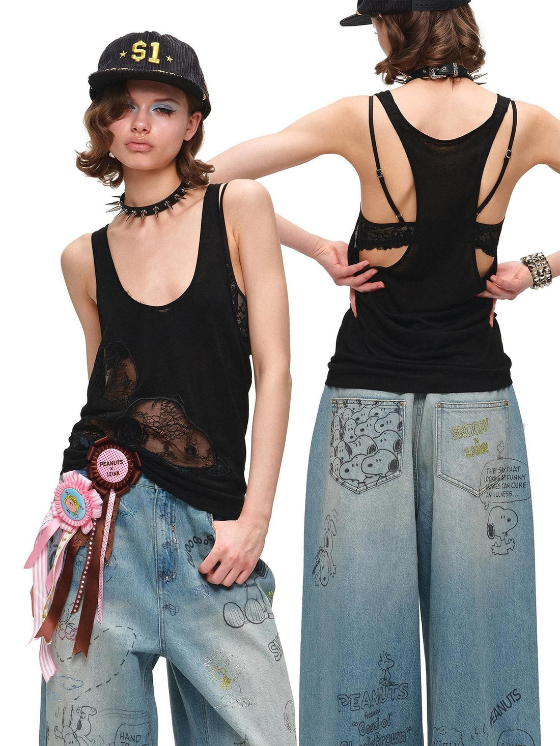 1JINN STUDIO Lace Applique Embroidery Two Piece Set Loose Women&