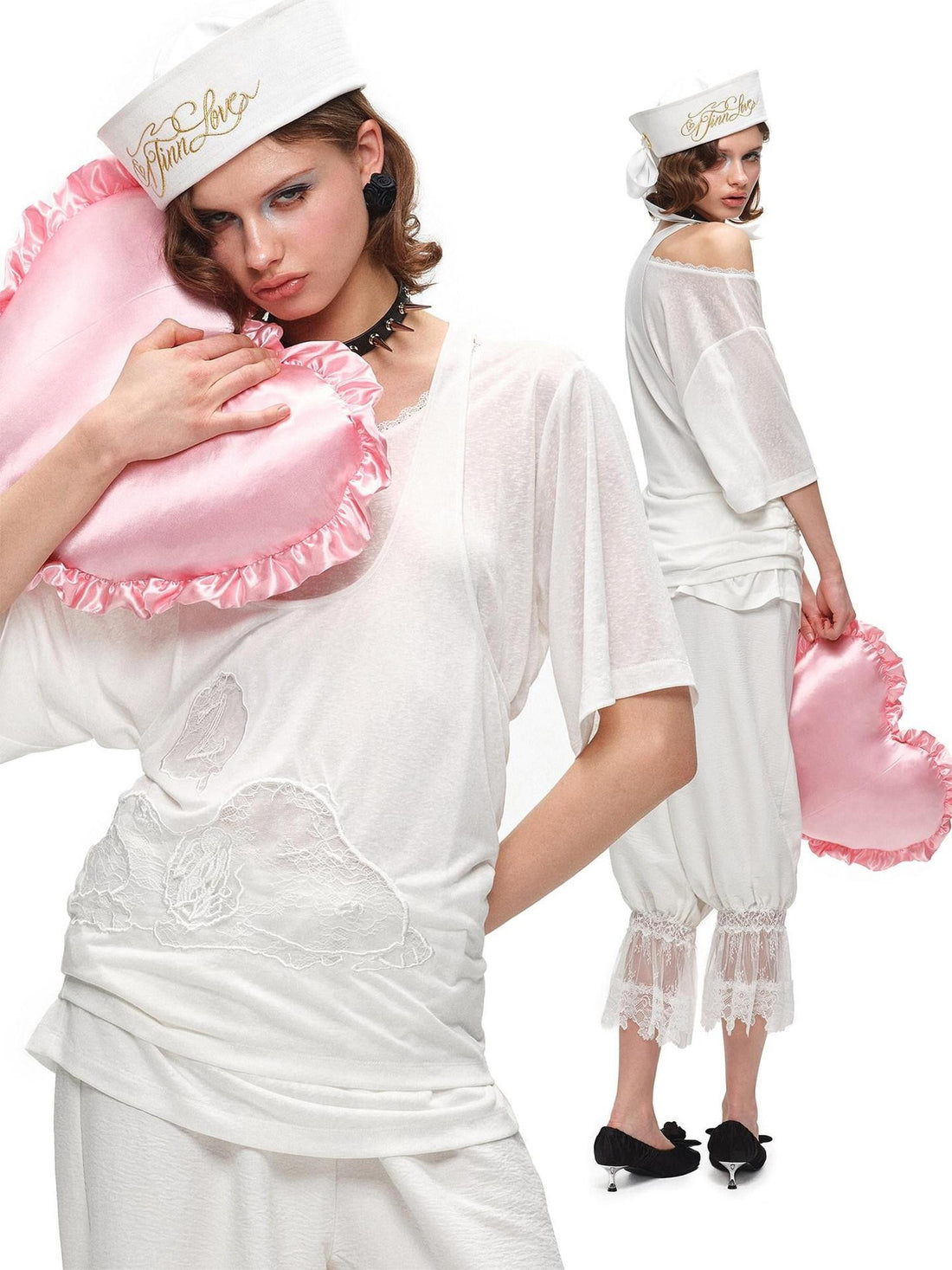 1JINN STUDIO Lace Applique Embroidery Two Piece Set Loose Women&