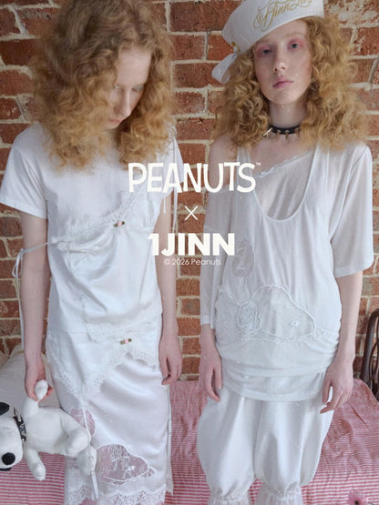 1JINN STUDIO Lace Applique Embroidery Two Piece Set Loose Women&