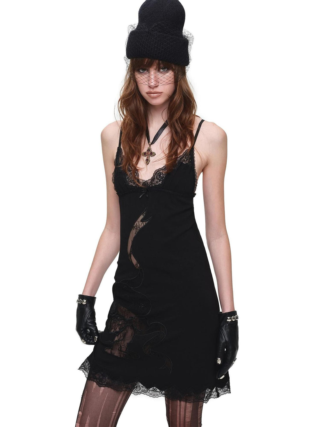 1JINN STUDIO Lace Applique V-neck Spaghetti Strap Semi Sheer Women&